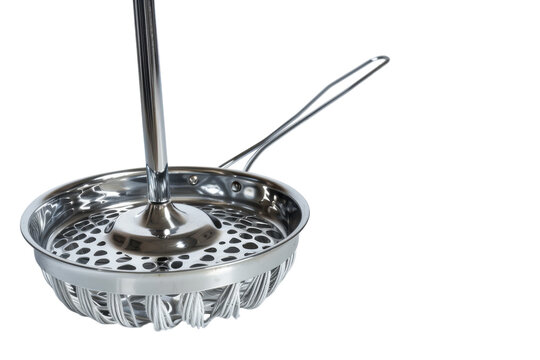 Stainless steel ladle resting elegantly on a reflective surface, showcasing its sleek design ideal for culinary masterpieces isolated on transparent background