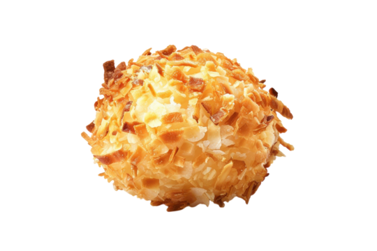 Delicious coconut ball covered in golden, crispy flakes displayed on a clean white background, showcasing its tempting texture and sweetness isolated on transparent background
