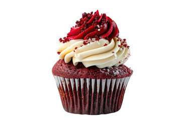Delicious red velvet cupcake adorned with cream cheese frosting and festive sprinkles, a perfect treat for celebrations isolated on transparent background