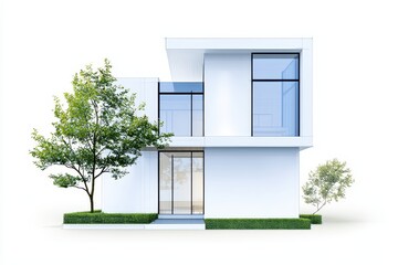 A modern, minimalist house design featuring large windows and surrounding greenery.