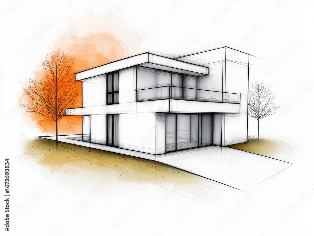 Poster a modern architectural sketch featuring a minimalist house design with large windows and simple line