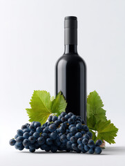 Elegant Wine Bottle with Grapes and Green Leaves on White Background