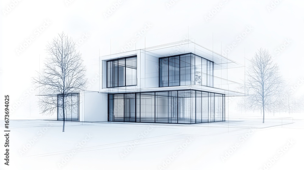 Poster a modern architectural sketch of a minimalist building, featuring large glass windows and clean line