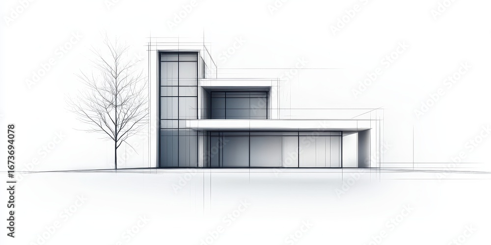 Poster a modern architectural sketch of a building with large windows and a minimalist design, accompanied 