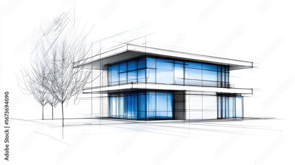 Poster a modern architectural sketch featuring a contemporary building design with large glass windows and 