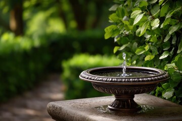 Garden fountain on stone base with water spout surrounded by greenery in a blurred outdoor setting
