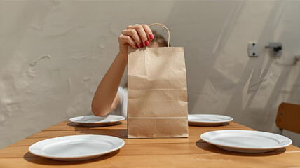 Flat Lay Paper Bag Mockup with Model Presentation on Outdoor Restaurant Table