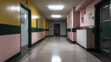 Beautiful photo of asylum with yellow and pink walls and dark green accents, linoleum floors, cells, brightly lit, empty, unsettling, liminal spaces, dreamcore, eerie.