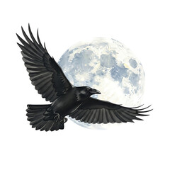 Obraz premium Watercolor Painting of a Raven Flying in Front of the Full Moon