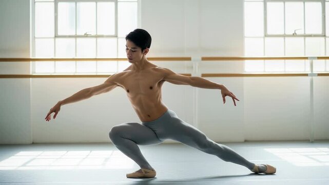 Slow motion ballet dancer performs graceful adagio sequence in a serene studio setting