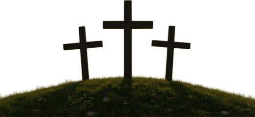 Three crosses on hill symbolizing crucifixion of Jesus Christ on Good Friday