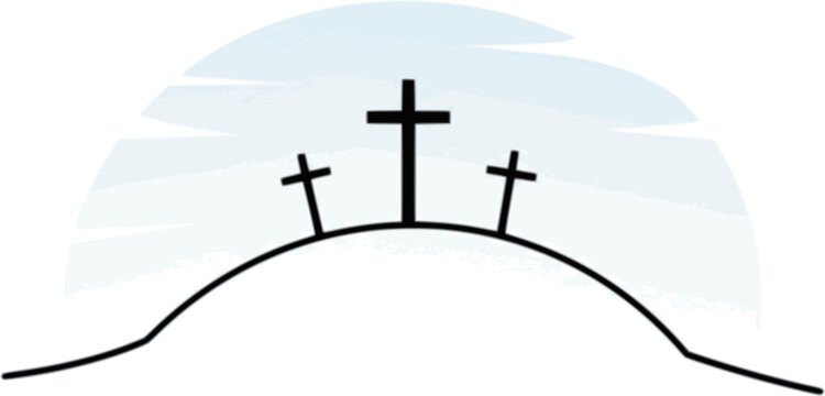 Three crosses on hill symbolizing crucifixion of Jesus Christ on Good Friday