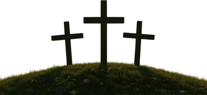 Three crosses on hill symbolizing crucifixion of Jesus Christ on Good Friday
