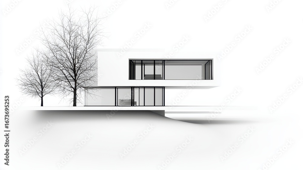 Poster a minimalist architectural design featuring a modern house with large windows and bare trees in a mo