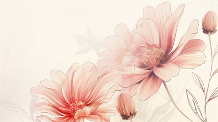 Fototapeta premium Gerbera daisy vector set, pastel pink, creamy ivory, scarlet shades, delicate buds, flowing stems, vintage botanical style, elegant design, accented with soft gold shimmer.