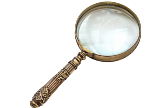 Explore the intricate details of the past with an antique magnifying glass resting on a white surface in the morning light isolated on transparent background