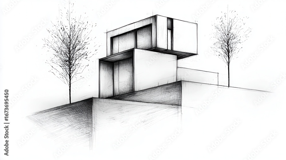 Poster A minimalist architectural sketch showcasing a modern building design with geometric forms set against a simple landscape of trees.