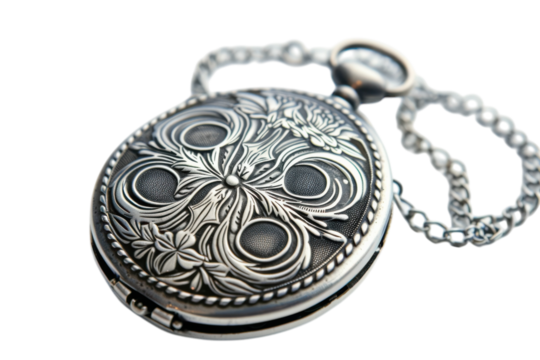 An intricately designed vintage pocket watch resting elegantly on a soft surface, showcasing its detailed floral engravings and delicate chain isolated on transparent background