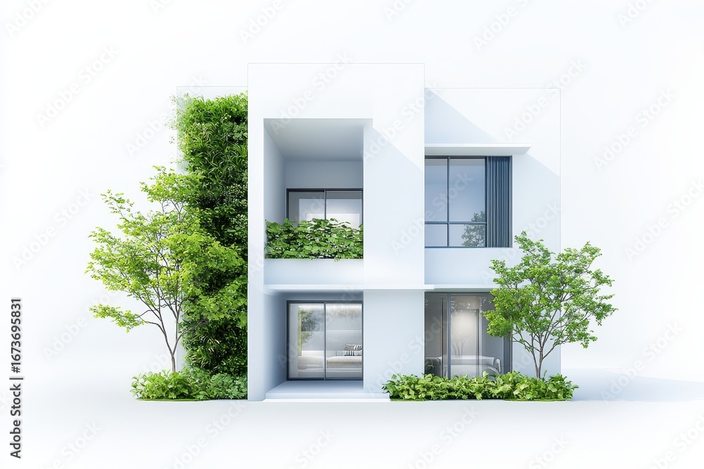 Poster a modern, minimalist house design featuring large windows and integrated greenery, creating a harmon
