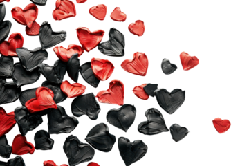 Colorful hearts scattered playfully across a white surface, creating a vibrant blend of emotional expression and artistic creativity isolated on transparent background