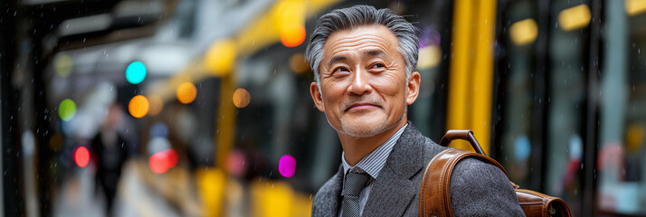 Middle-aged Japanese businessman with briefcase at tram stop for urban commuting visuals, business travel themes, and professional lifestyle websites, subject on right with motion blur and copy space