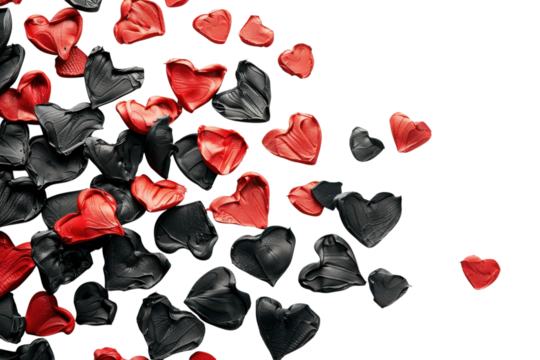 Colorful hearts scattered playfully across a white surface, creating a vibrant blend of emotional expression and artistic creativity isolated on transparent background