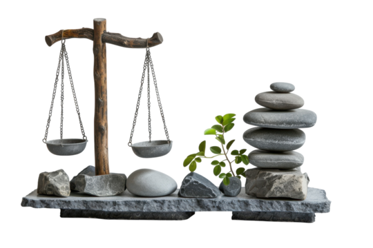 Balancing nature and serenity with a rustic scale and smooth stones amid greenery in a minimalist setting isolated on transparent background