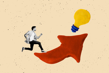 Banner zine sketch artwork collage of serious businessman run arrow direction light bulb idea...