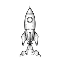 Stippled Retro Rocket Ship Launching into Space