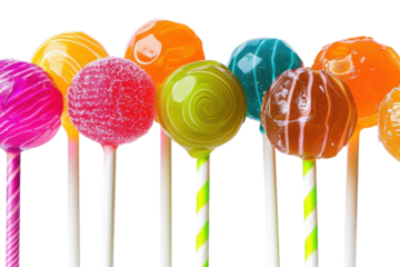 Colorful candy lollipops on sticks arranged artistically with vibrant hues against a white backdrop during a delightful sweet treat display isolated on transparent background