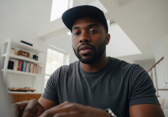 portrait of focused african american man typing laptop in bright room, wearing cap and casual t-shirt. productivity and concentration at home office. business, tech, remote work lifestyle.