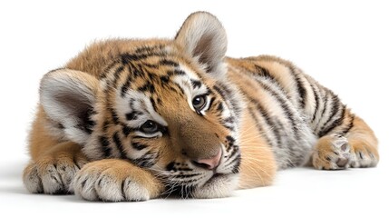 Obraz premium Tiger cub lying down isolated on clean white background