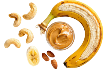 A delightful arrangement of a banana, nut butter, and assorted nuts on a light surface, illustrating a healthy snack idea isolated on transparent background