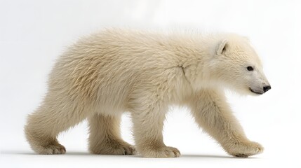 Fototapeta premium Polar bear cub walking isolated on clean white background