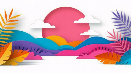 Obraz premium Vibrant paper art landscape with tropical leaves and a glowing sunset evokes joyful summer vibes