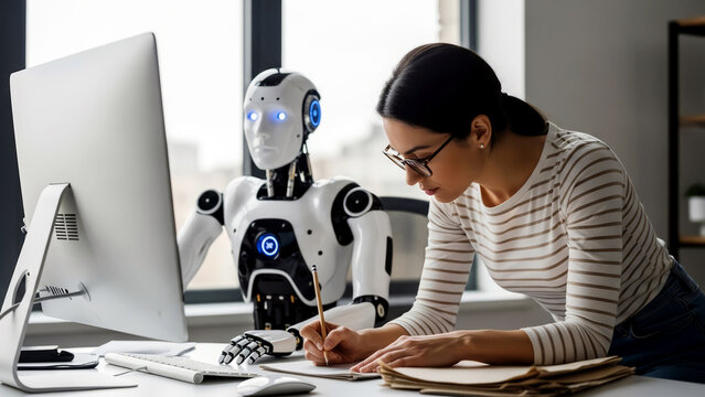 Innovative woman collaborates with advanced robot assistant on modern office project, showcasing future of teamwork and AI integration.