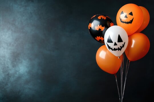 Spooky halloween balloons with jack-o'-lantern faces and festive bokeh background