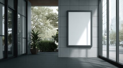 Fototapeta premium Beautiful photo of create a mockup image for a white poster displayed at the entrance to a gaming store, minimalist, daylight.