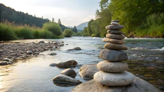 Stacked river stones in flowing water at sunset cairn