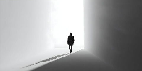 Solitary Figure Walking Towards Light: A Monochromatic Perspective