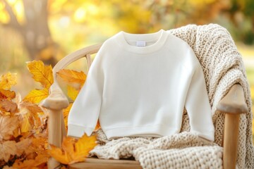 Cozy autumn scene with white sweater on bench surrounded by vibrant fall leaves