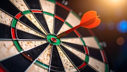 Dart hitting bullseye on standard dartboard.