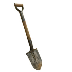 A weathered steel shovel with a wooden handle and d