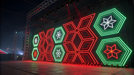 Stage with illuminated geometric neon light decorations
