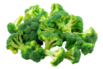 Fresh green broccoli florets gathered together on a white background, showcasing their vibrant color and natural texture isolated on transparent background