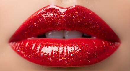 Obraz premium Elegant macro beauty close-up photo of glossy red lips enhanced with sparkling glitter lipstick for editorial fashion imagery