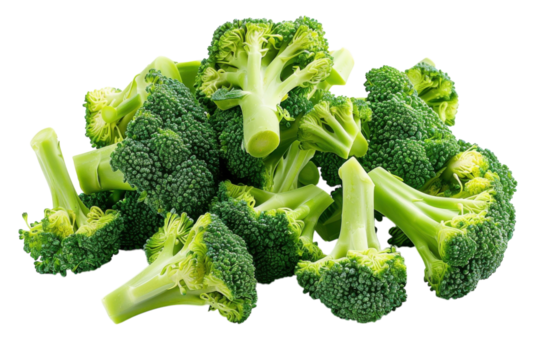 Freshly harvested vibrant green broccoli piled high against a clean white backdrop ready for cooking or fresh meal preparation isolated on transparent background