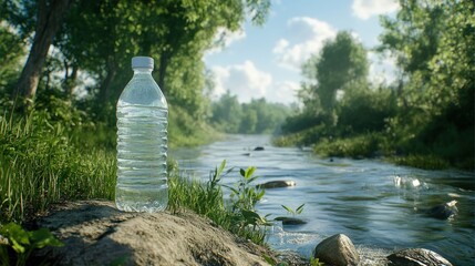 Naklejka premium Refreshing hydration a clear plastic water bottle near a serene forest stream