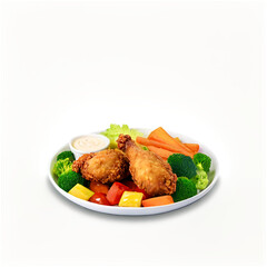 Delicious fried chicken with fresh vegetables and dipping sauce on a white plate