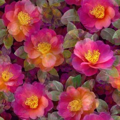 Obraz premium Vibrant Camellia Blooms with Lush Leaves in a Beautiful Patterned Design.